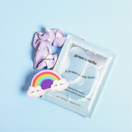 colour and calm party favour bag, grace & stella eye mask, rainbow nail file, scrunchie, ace & cat, winnipeg