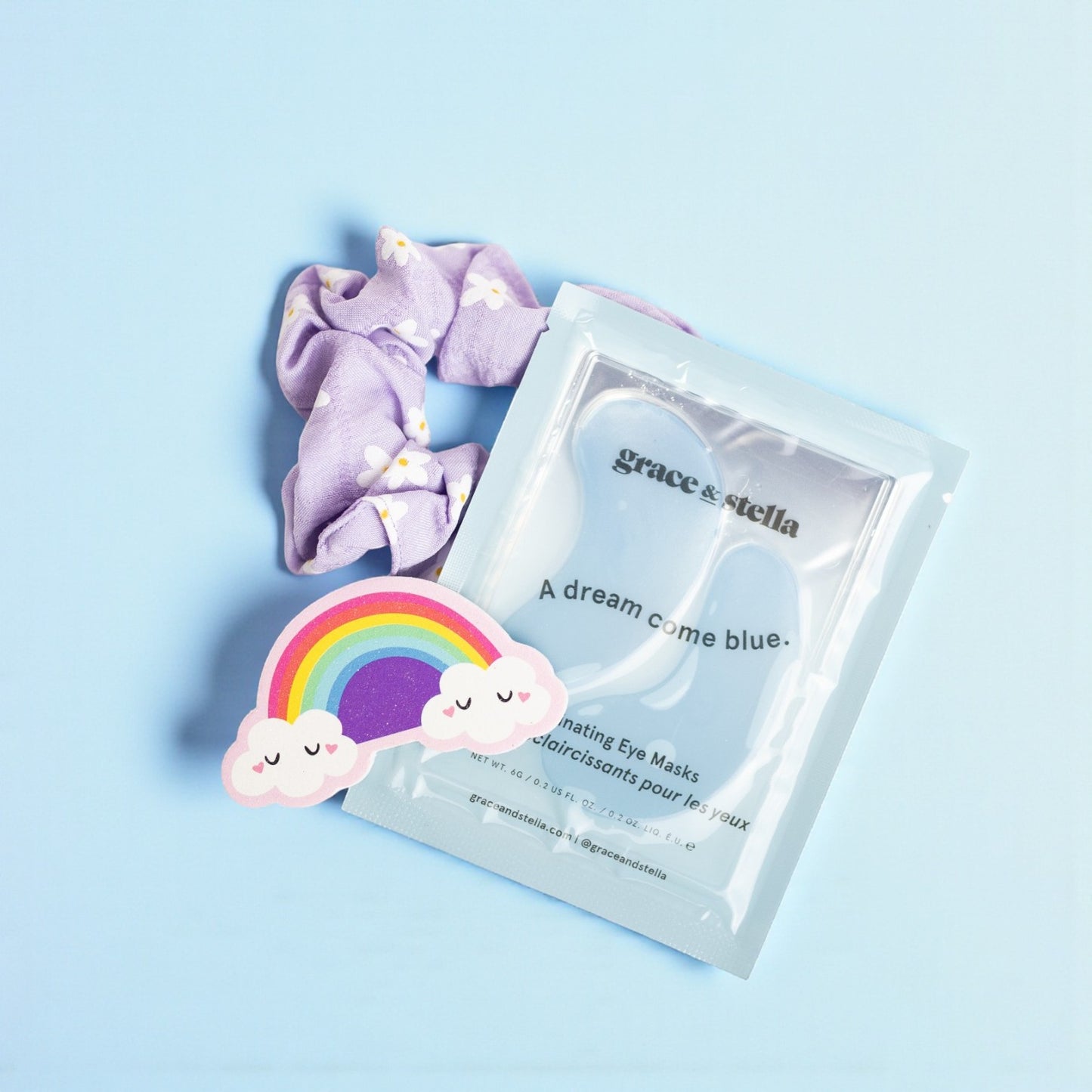 colour and calm party favour bag, grace & stella eye mask, rainbow nail file, scrunchie, ace & cat, winnipeg